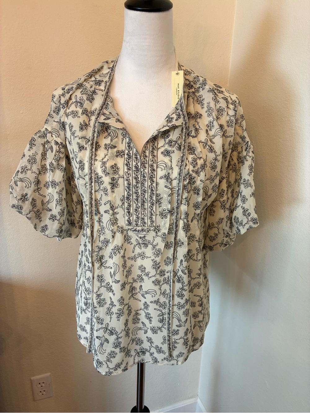 Women’s Max Studio Cream Floral Print Blouse with Black Detail